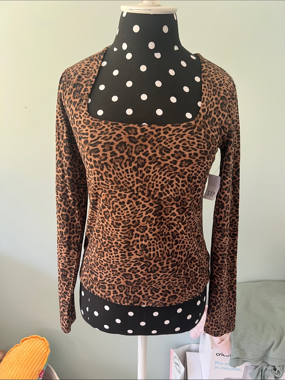 NWT GAP Leopard Print Square-Neck Long Sleeve Top - Brown